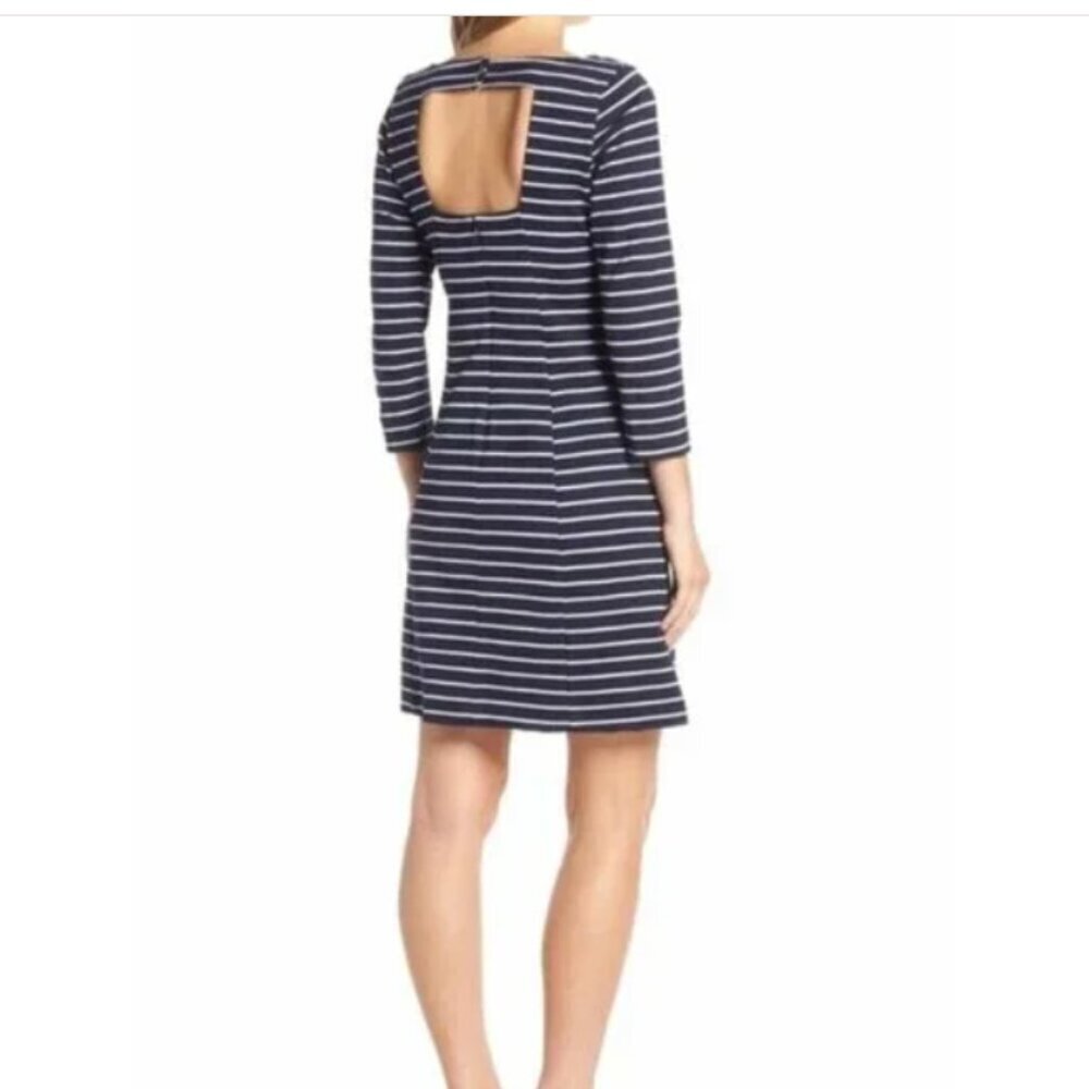 1901 Stripe Boat Neck Ponte Dress Nautical Navy Blue Long Sleeve Open Back, 16 - Picture 2 of 7